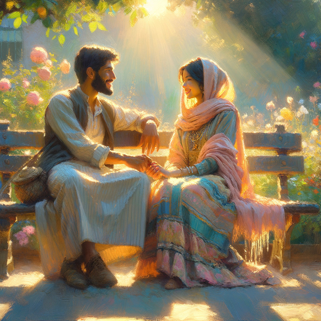 Couple on Bench in Blooming Garden with Sunlight