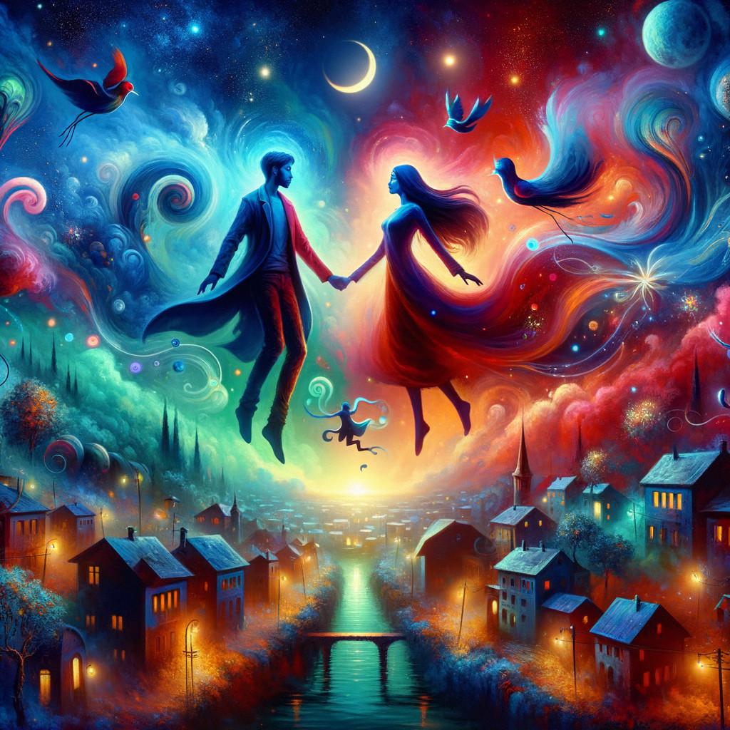 Couple in Dreamlike Scene Surrounded by Colorful Clouds