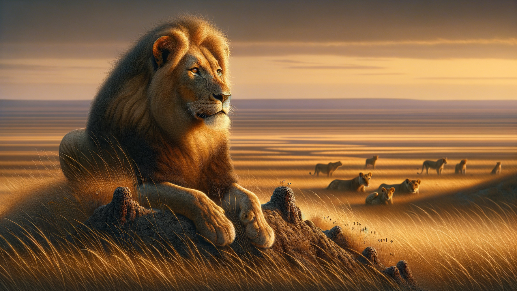 Lion on Rocky Outcrop in Savanna at Sunset