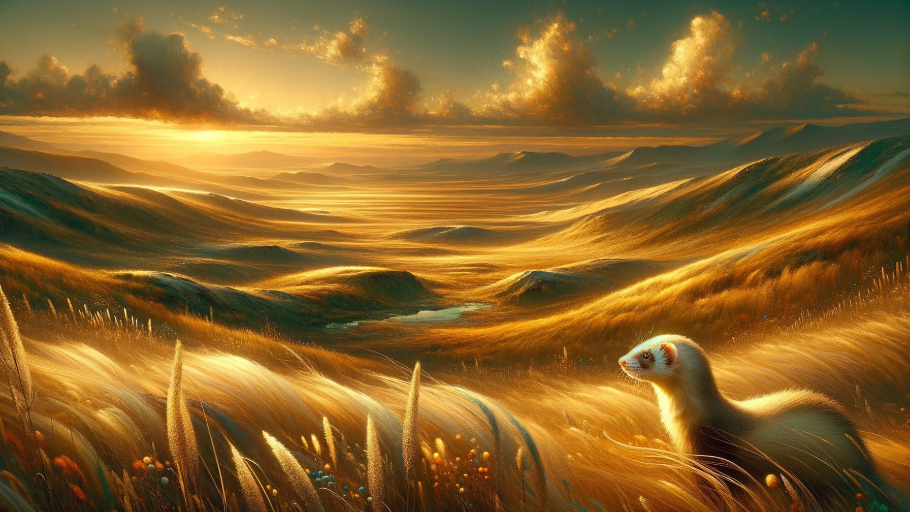Serene Sunset Landscape with Weasel in Wildflowers