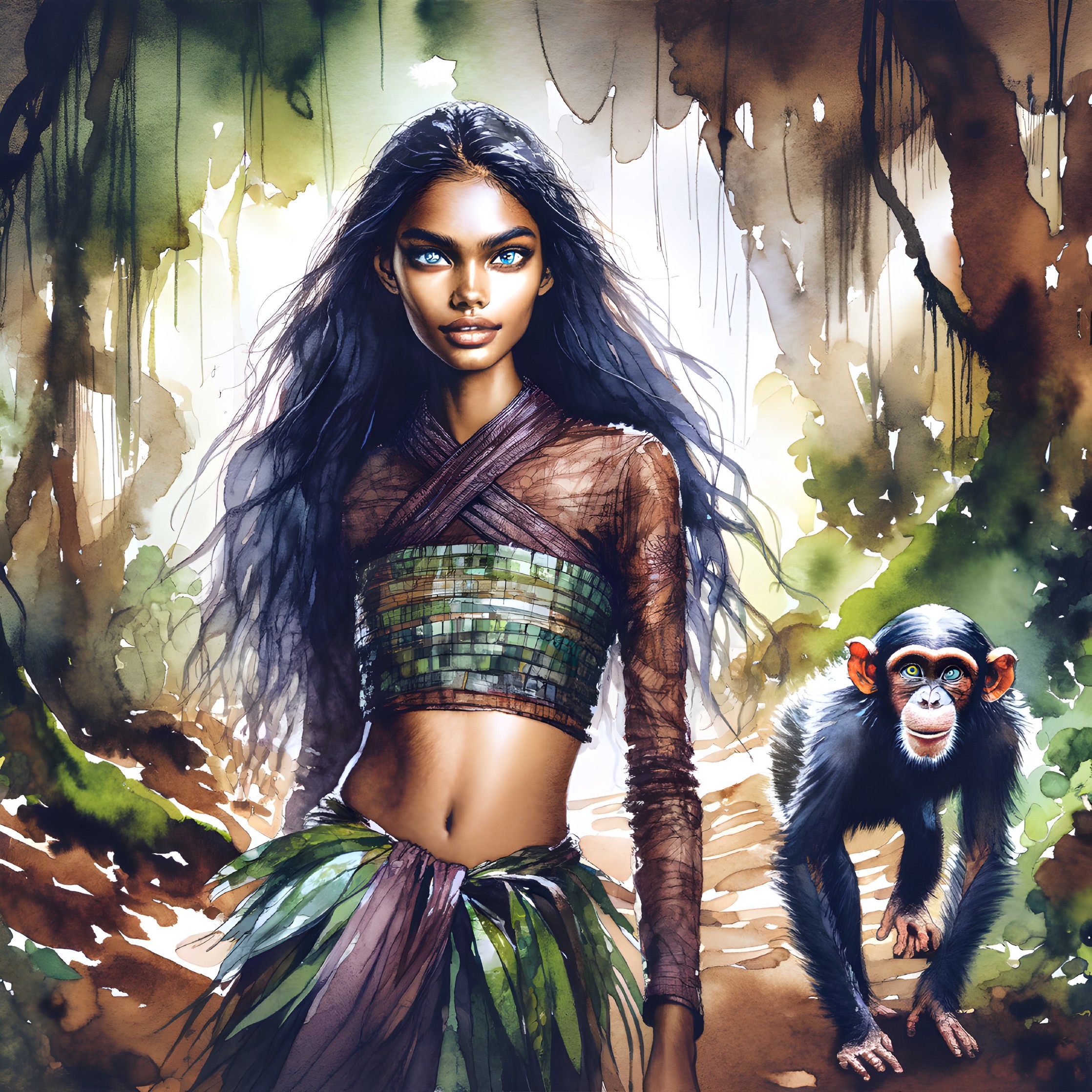 Young woman in leaf outfit with chimpanzee in jungle