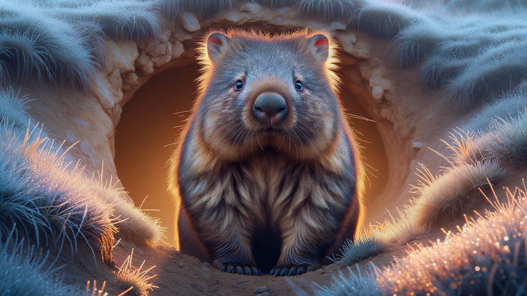 Wombat in Frosty Grass with Warm Glow and Curiosity