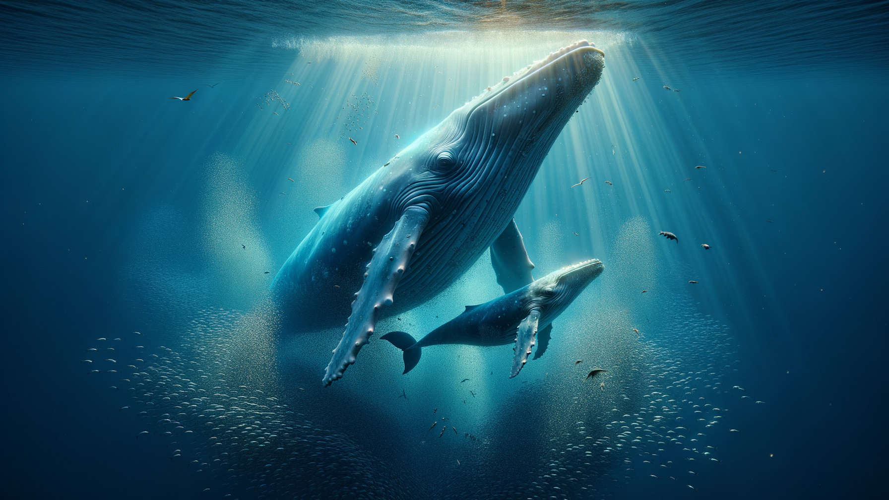 Humpback Whales Swimming in Crystal-Clear Ocean Waters