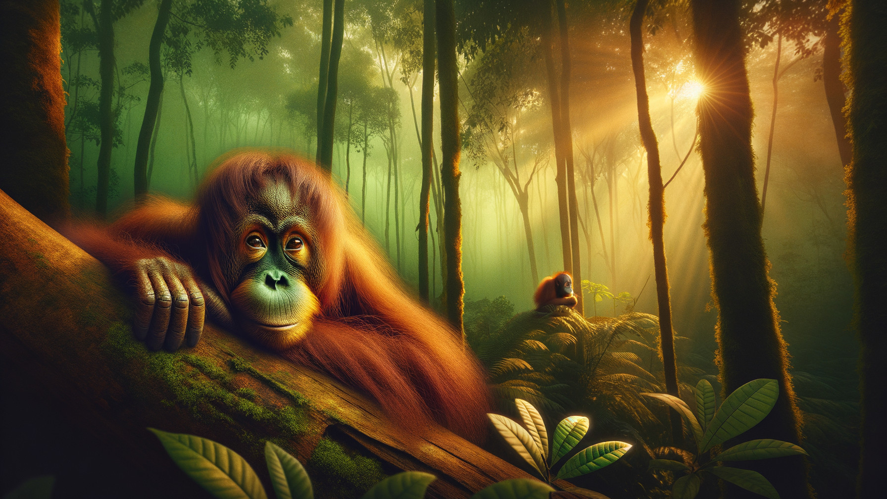 Orangutans in a Vibrant Rainforest Setting