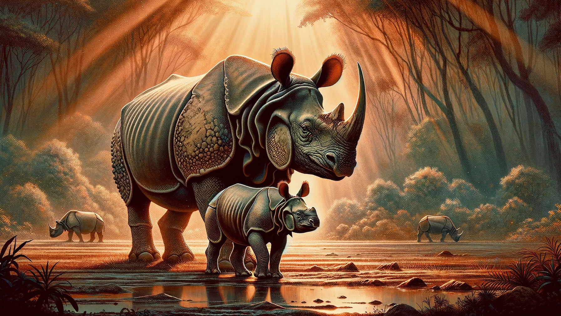 Mother Rhinoceros and Calf by Calm Waterway Scene