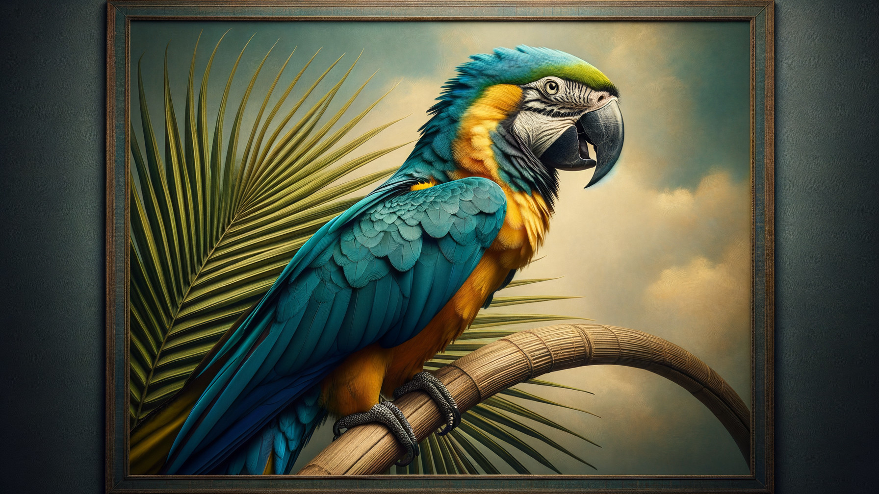 Vibrant Macaw on Branch with Blue and Gold Feathers