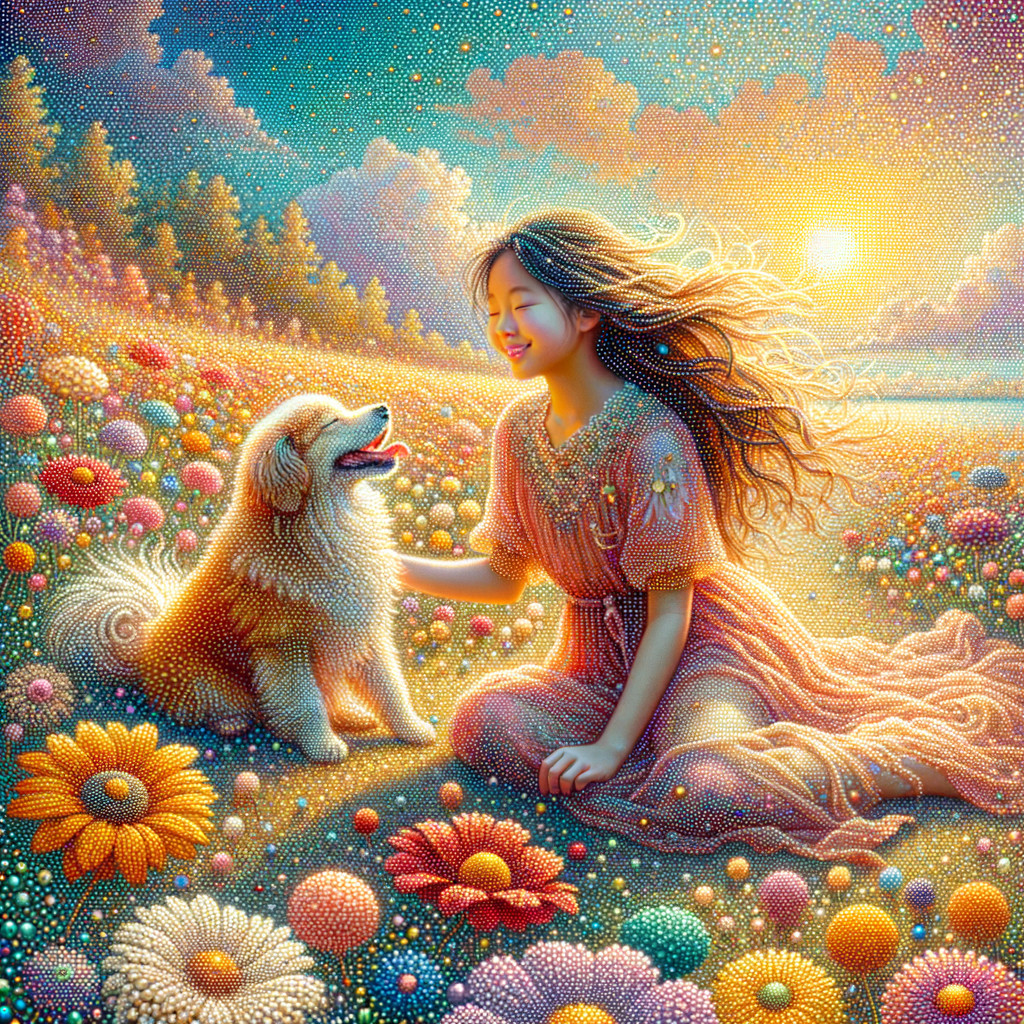 Young girl playing with dog in flower meadow at sunset