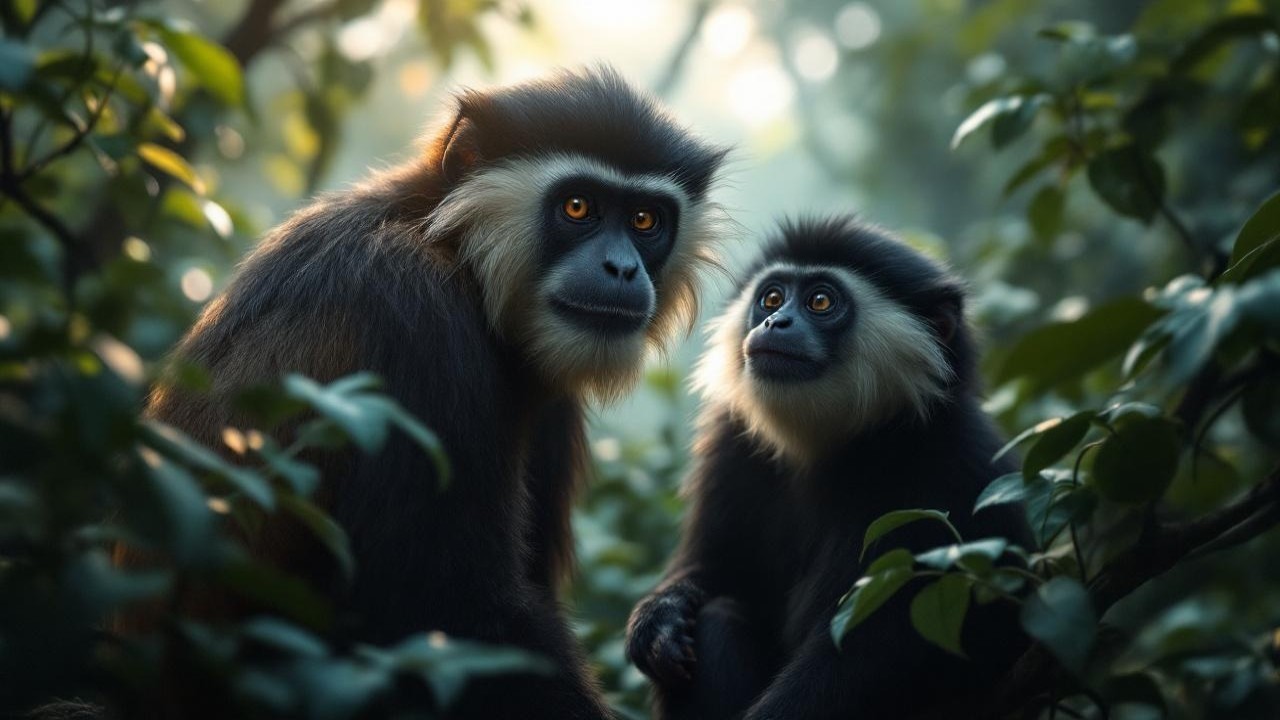 Monkeys in Lush Green Foliage with Dappled Sunlight