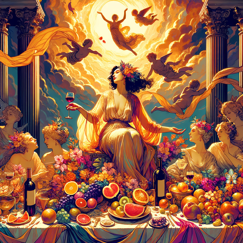 Goddess figure among fruits and cherubs in radiant scene