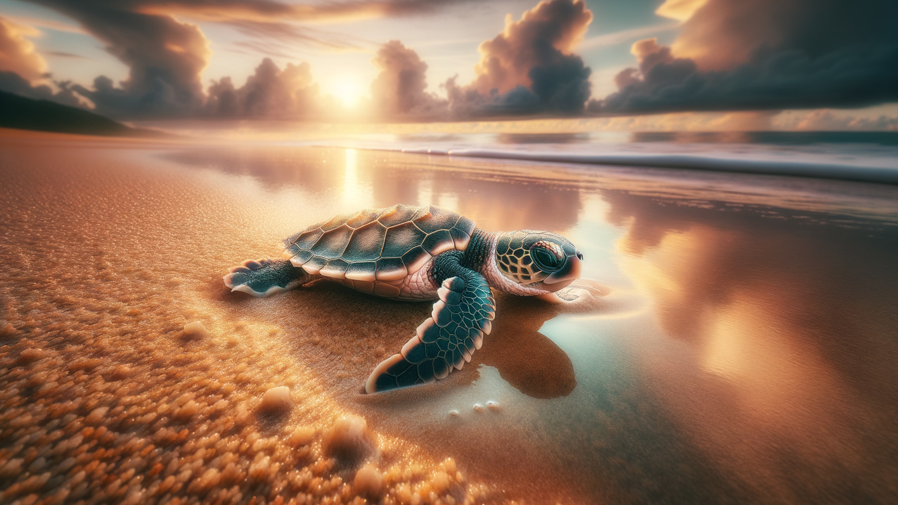 Young Sea Turtle on Sandy Beach at Sunrise