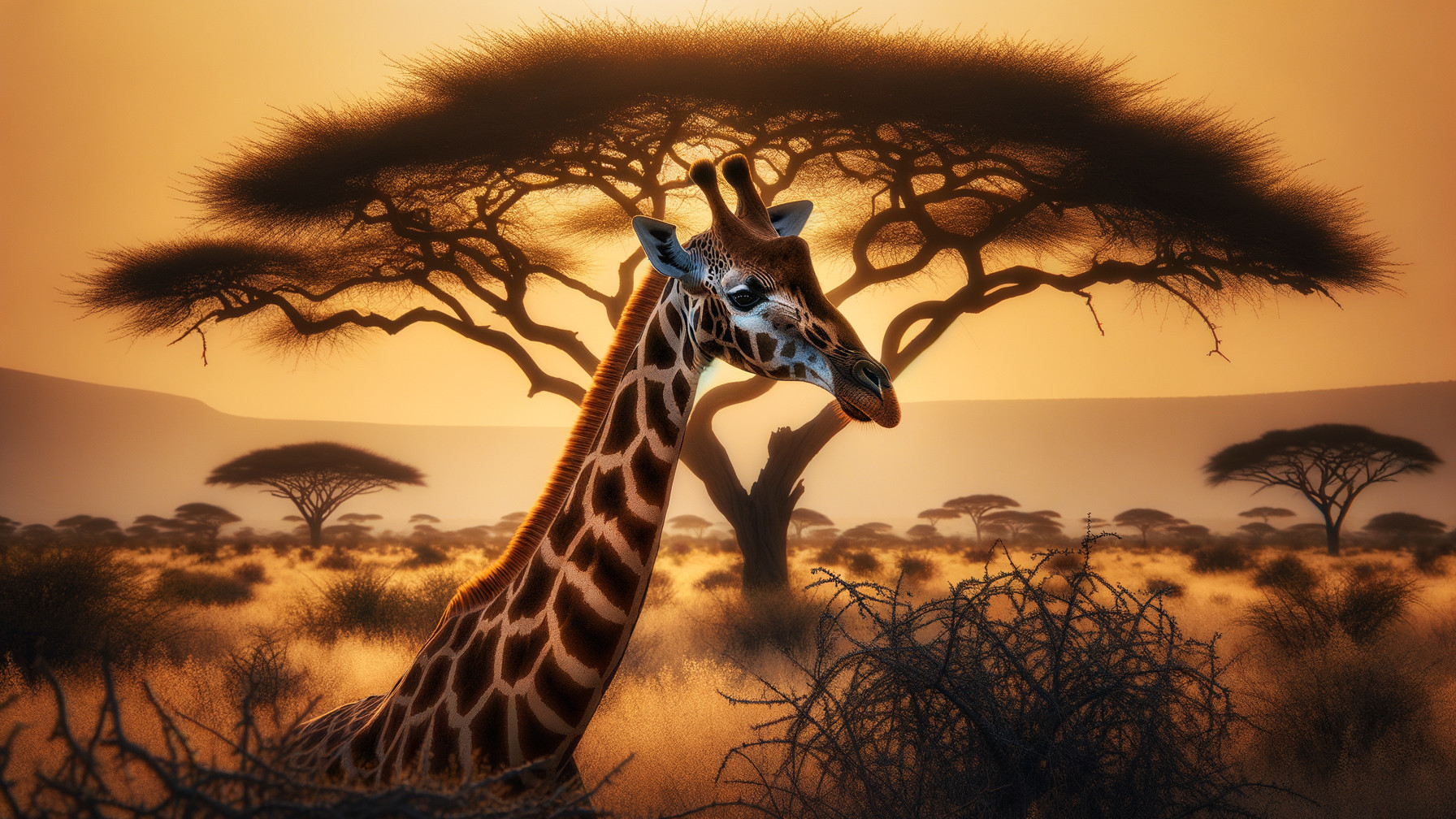 Giraffe Against African Sunset with Acacia Trees