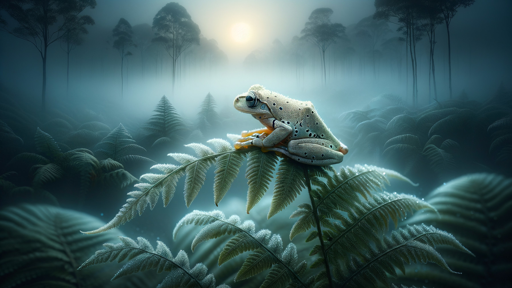 Misty Landscape with Frog on Lush Green Fern