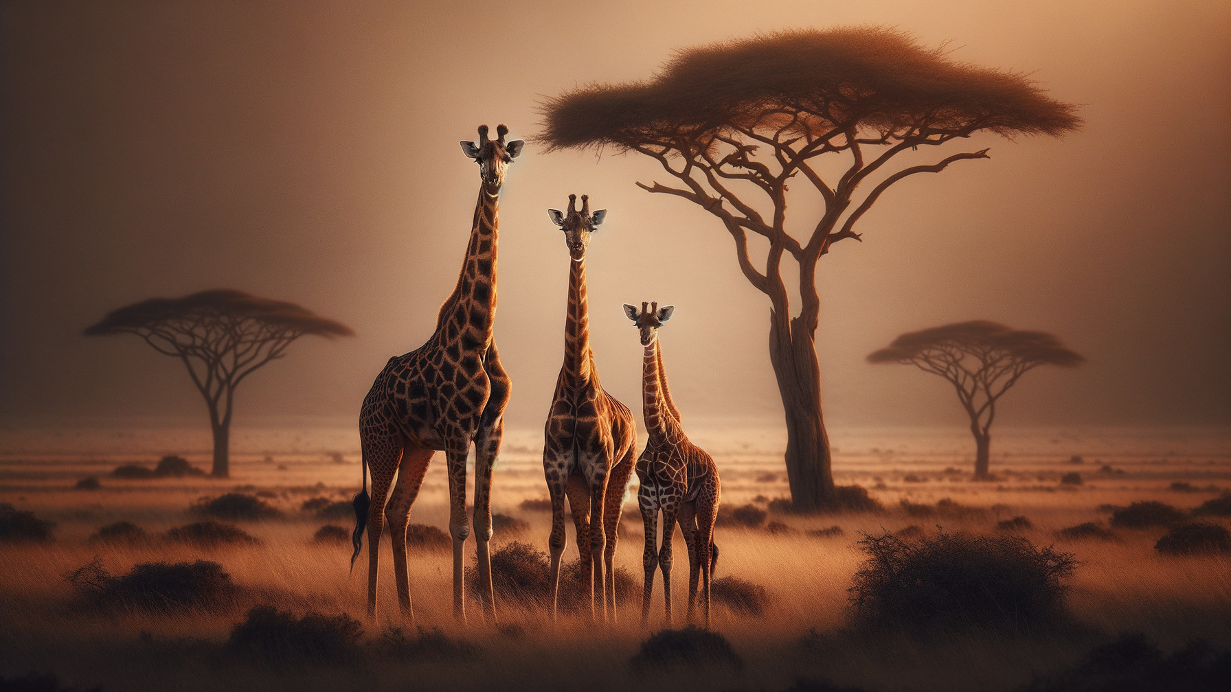Giraffes in a golden-toned African savanna landscape