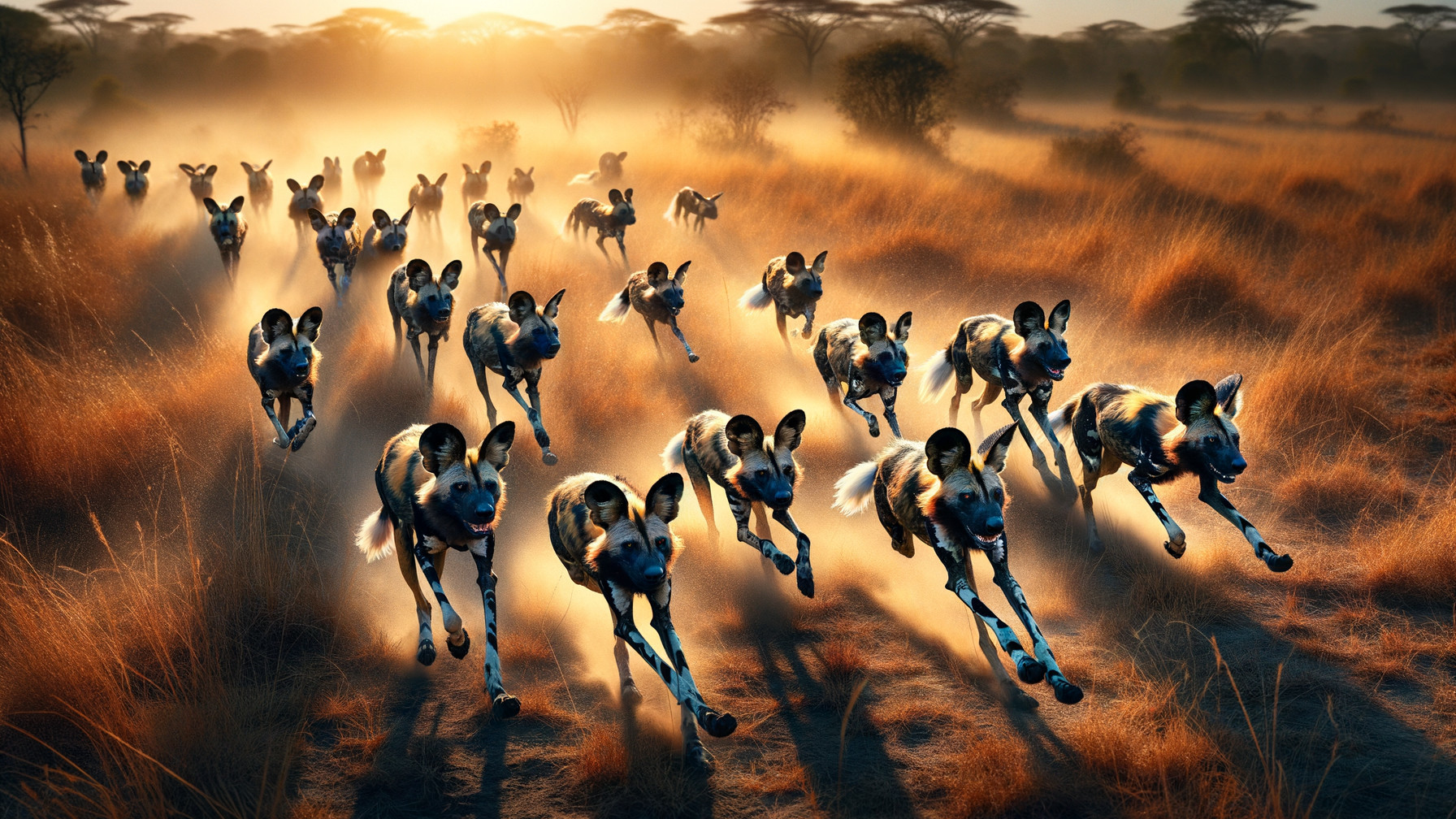 African Wild Dogs Running in Sunlit Savanna Scene