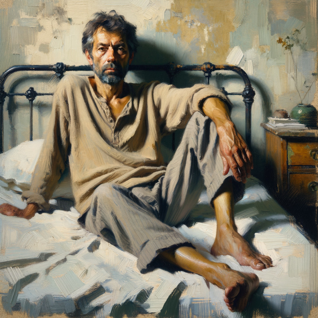 Weary Man in Contemplative Pose on Unkempt Bed