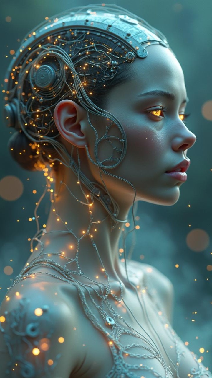 Futuristic humanoid figure with glowing circuitry details