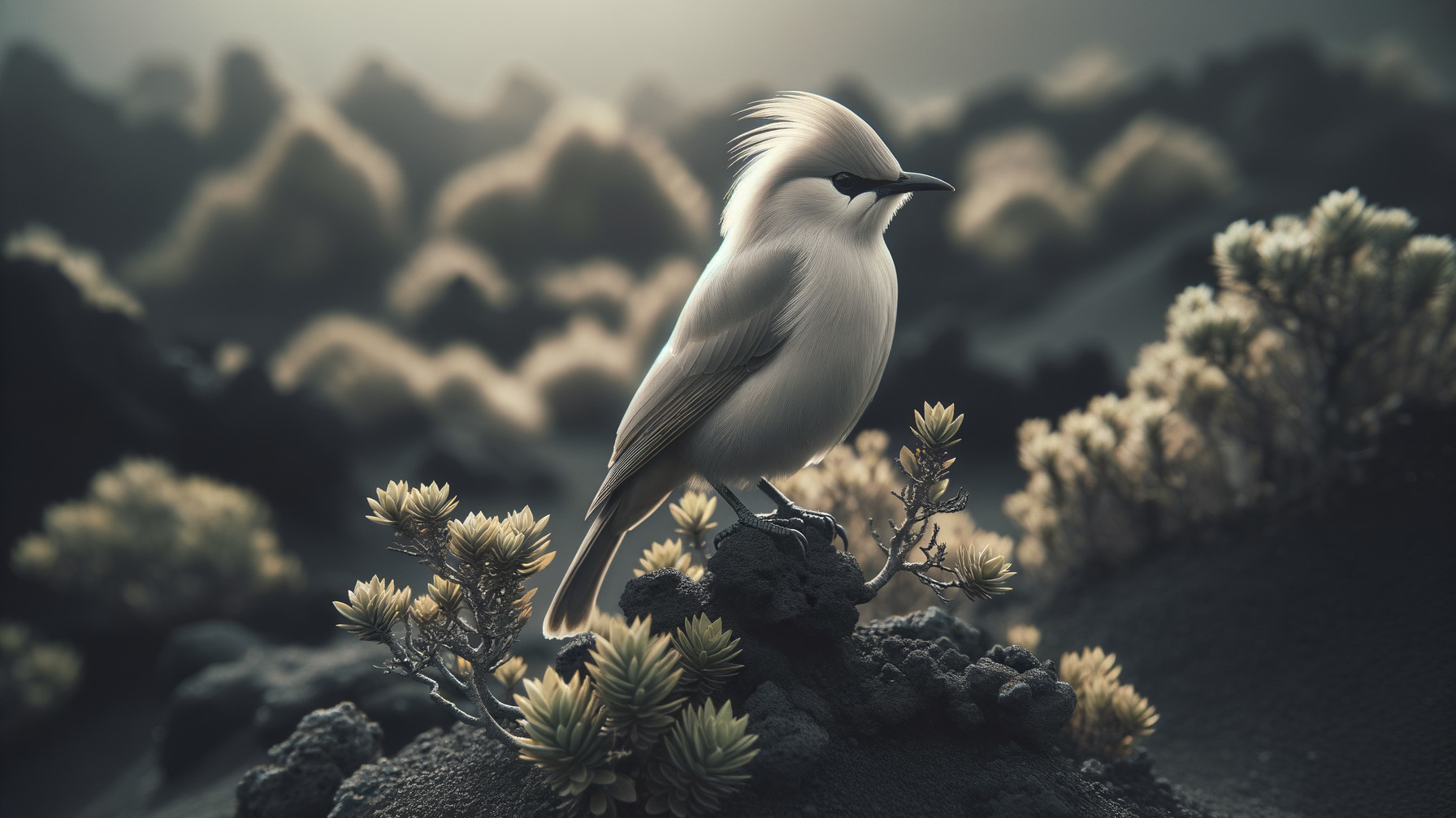 Ethereal Bird on Rocky Formation with Delicate Plants