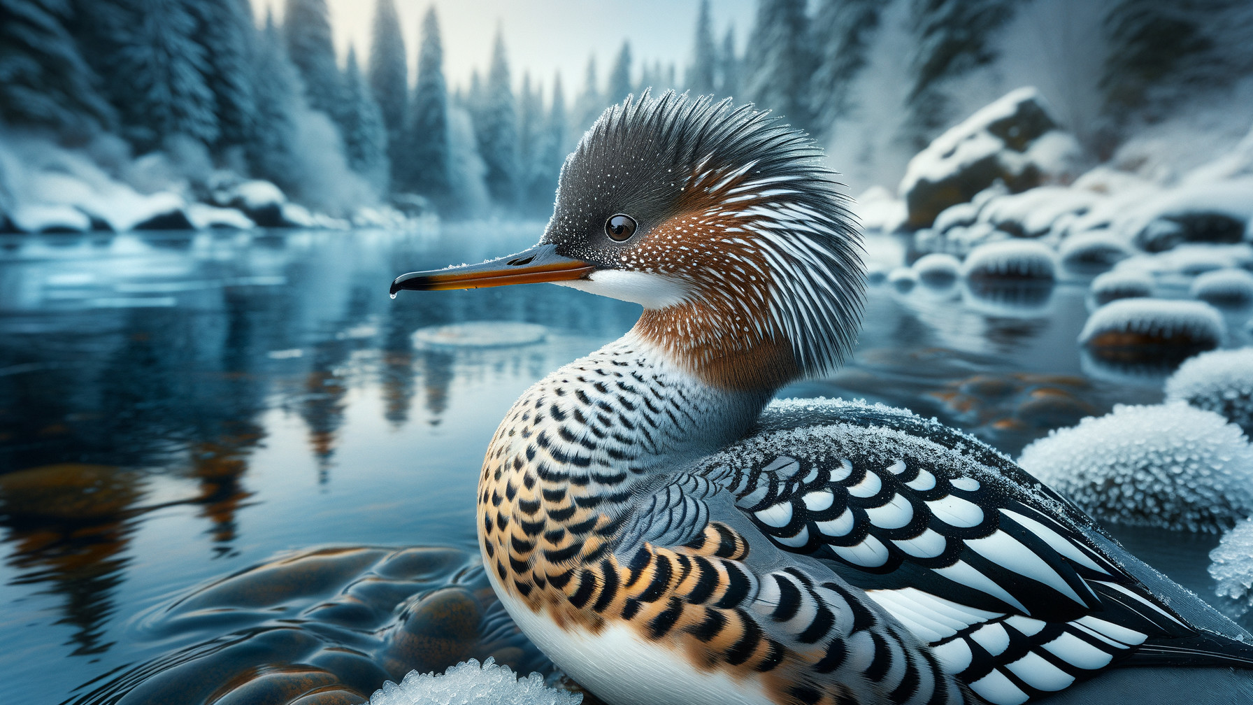 Crested Duck by a Serene Icy River Landscape