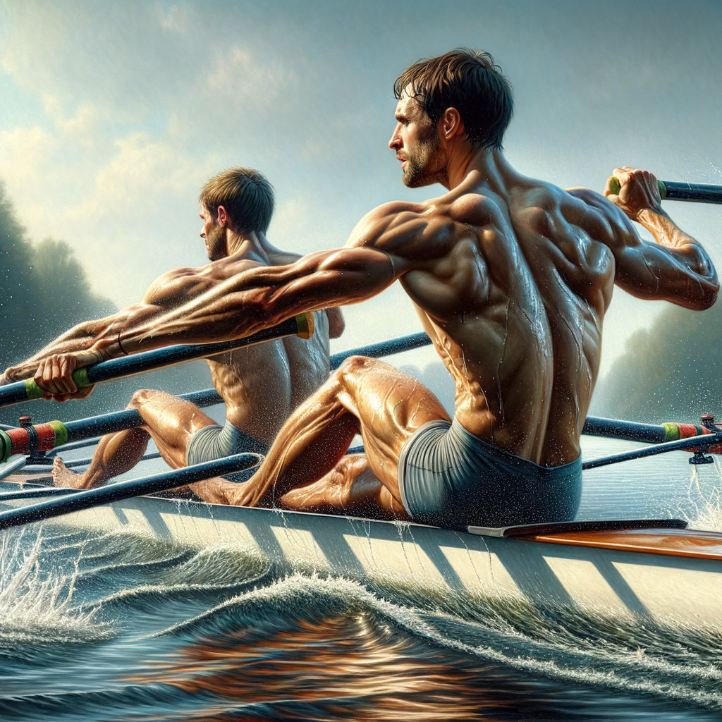 Muscular Rowers Competing on a Serene River
