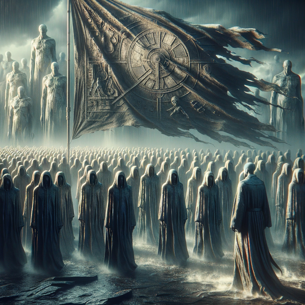 Spectral Army in Dark Landscape with Tattered Flag