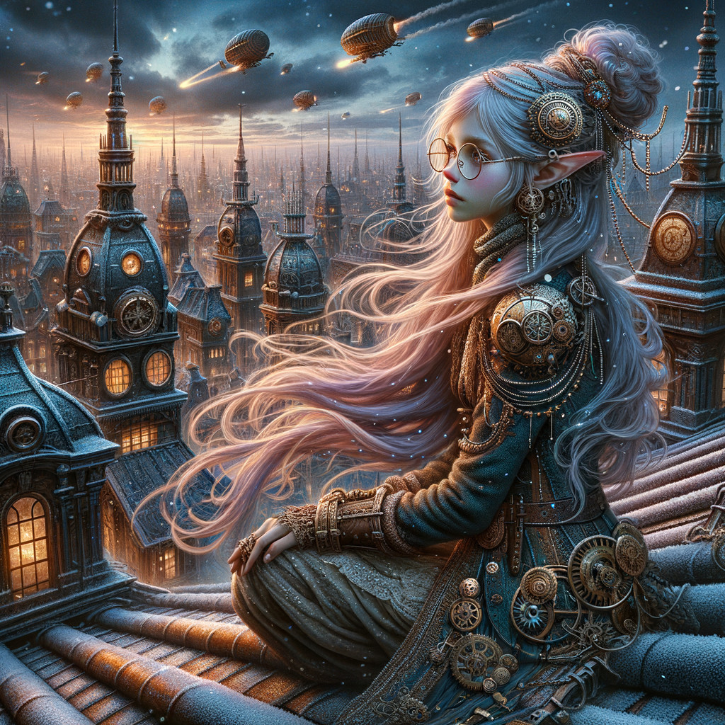 Ethereal Elf Overlooks Steampunk City at Dusk