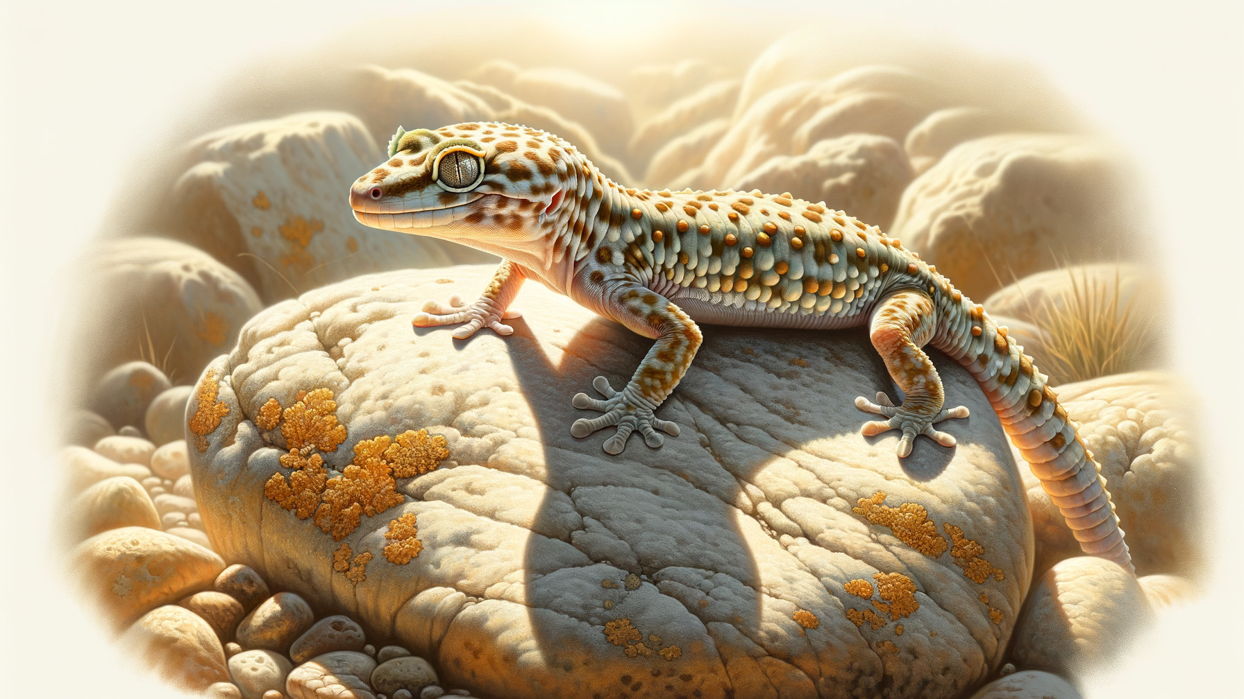 Colorful lizard on a sunlit rock with vibrant patterns