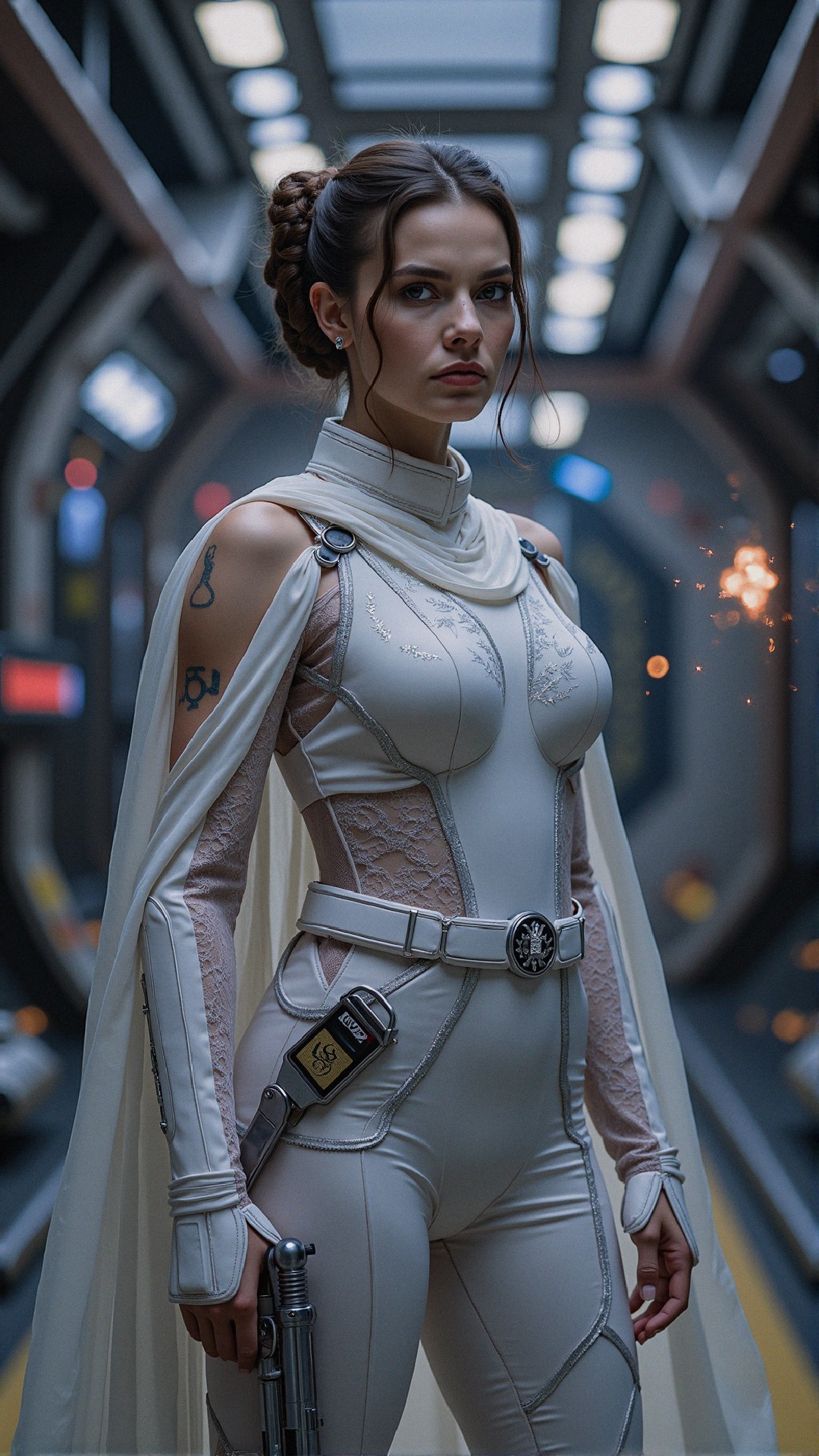 Female Figure in Futuristic Corridor with White Suit