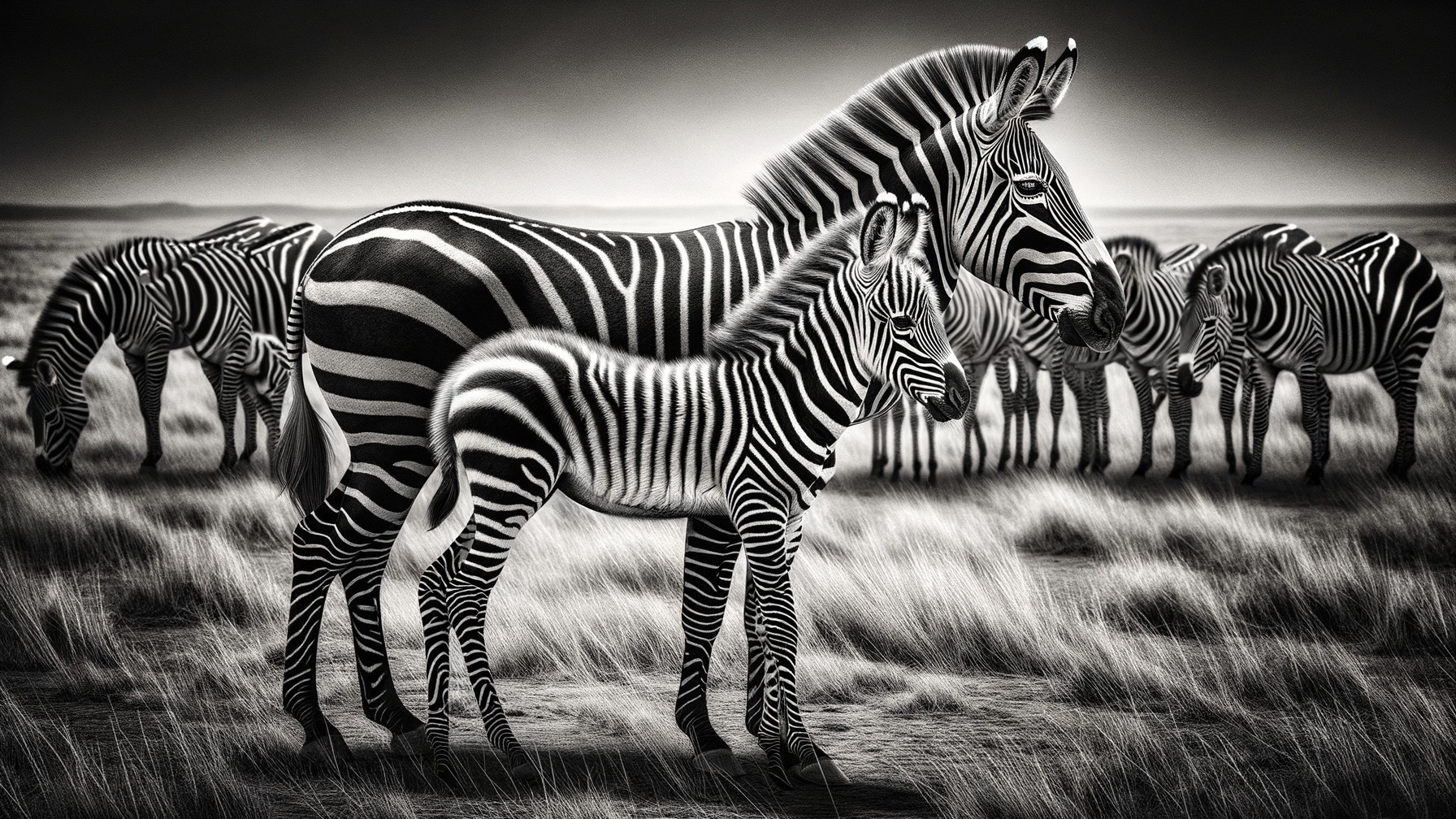 Zebras in Black-and-White Grassy Landscape Scene