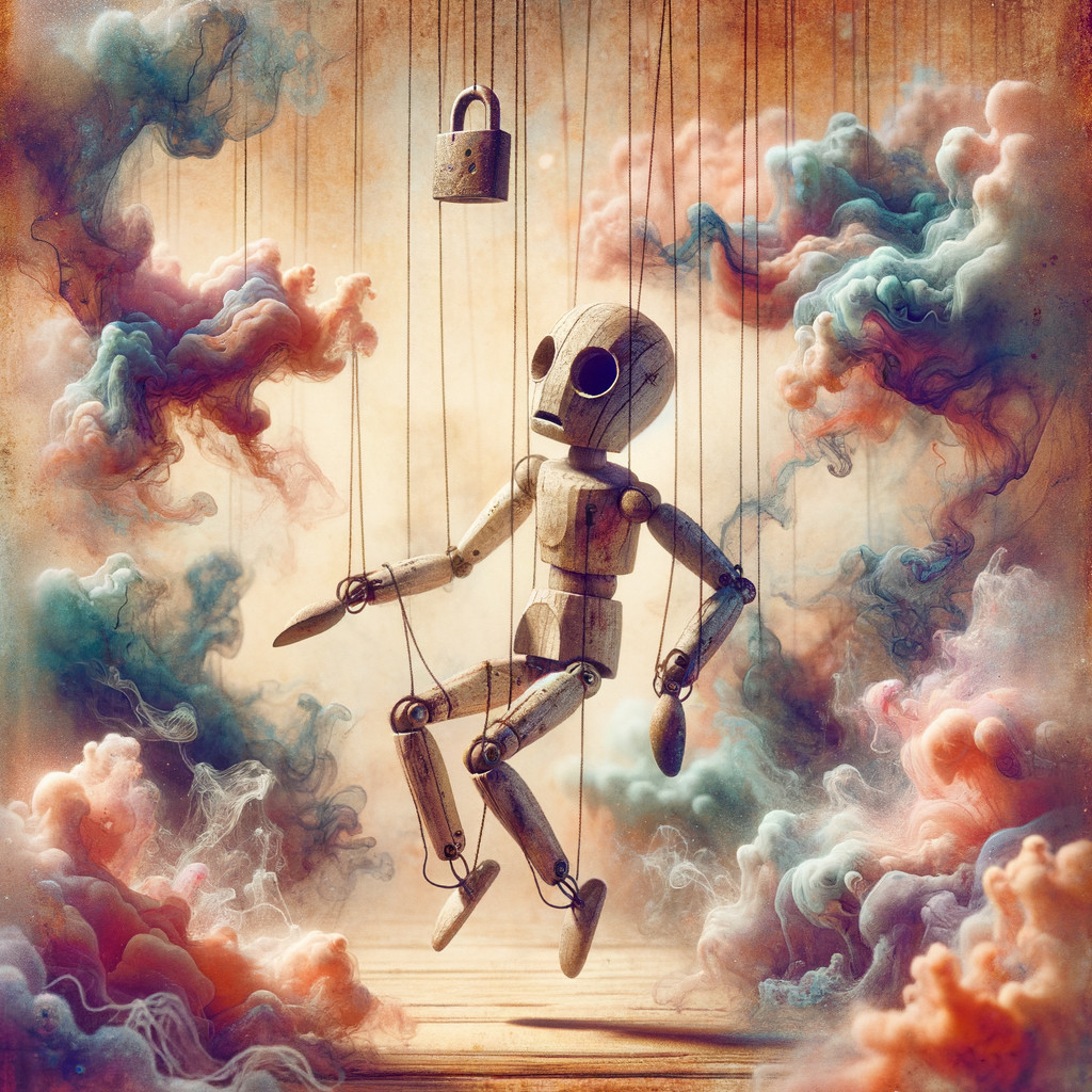 Wooden Marionette in Surreal Cloud Landscape