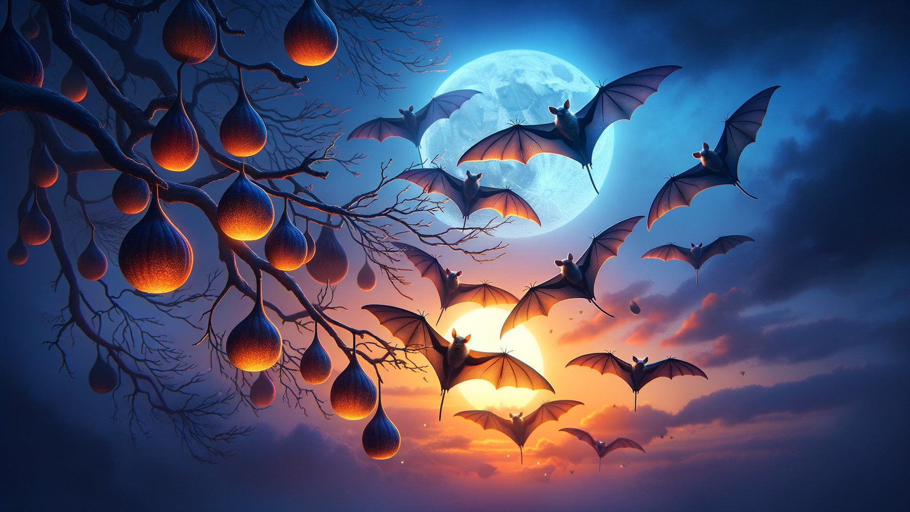 Mystical Twilight Scene with Dark Tree and Bats