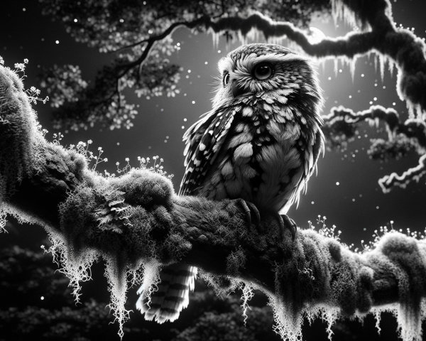 Black and white owl on moss-covered branch at night
