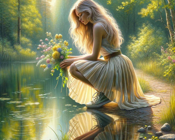 Tranquil Forest Pond with Woman and Wildflowers