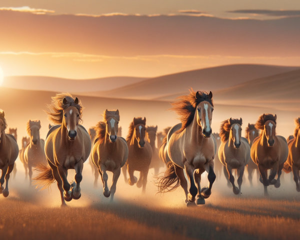 Horses Galloping in Sunset Silhouette Over Field