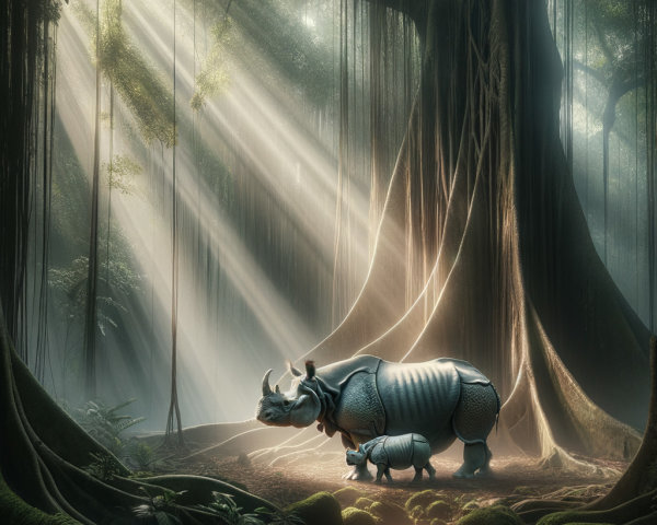 Tranquil Jungle Scene with Rhinoceros and Calf