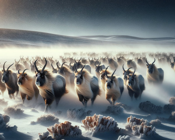 Herd of Goats Galloping in Snowy Landscape