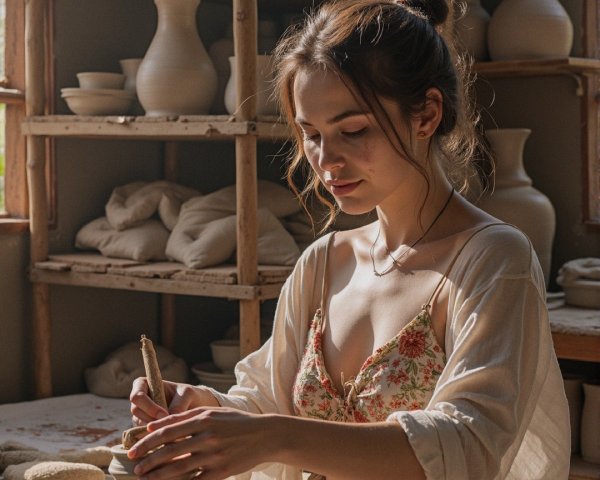 Young Woman Shaping Clay Pot in Sunlit Studio