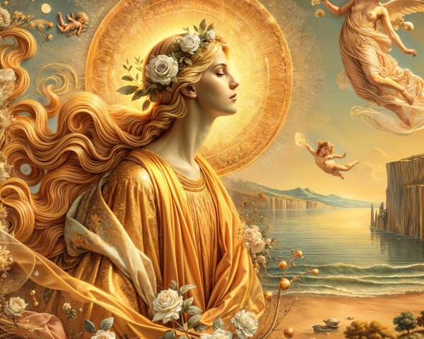 Serene figure in golden robes with pastel flowers