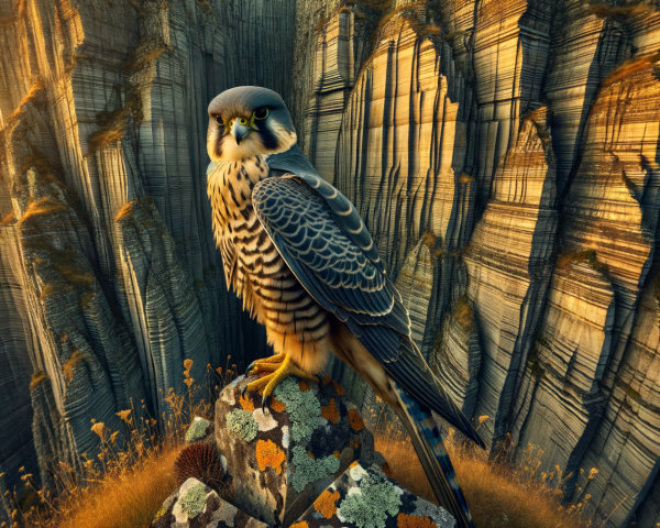 Falcon on Rocky Outcrop at Sunset with Dramatic Cliffs