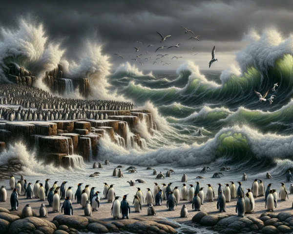 Dramatic Coastal Scene with Penguins and Waves