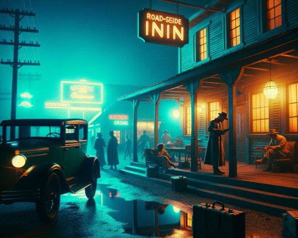 Vintage Roadside Inn at Night with Neon Signs