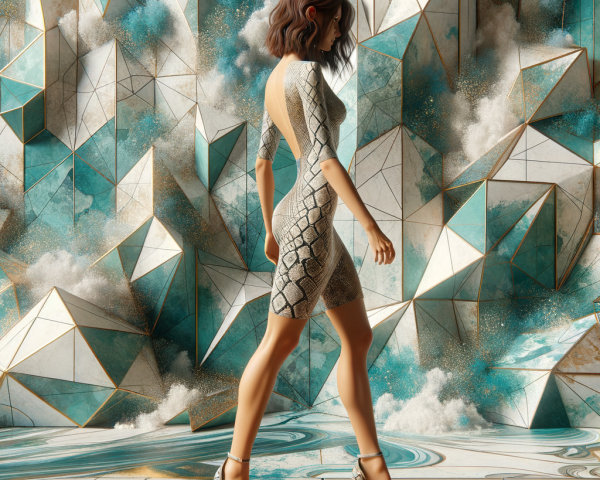 Woman in Snake-Pattern Dress Against Geometric Background