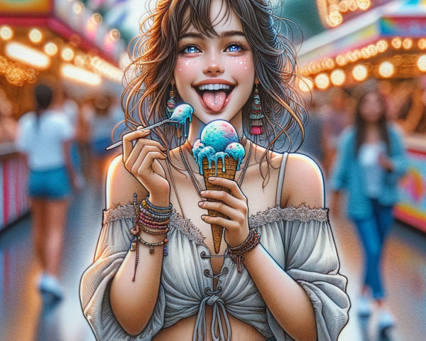 Young woman with ice cream cones at a lively fair
