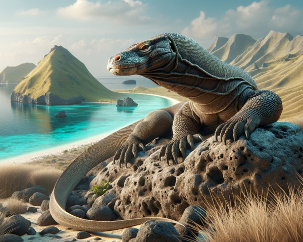 Textured lizard on rocky outcrop with coastal views
