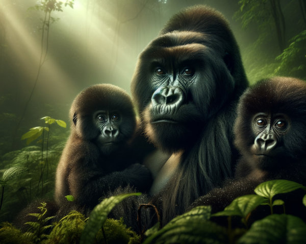 Mother Gorilla with Offspring in Lush Forest Setting