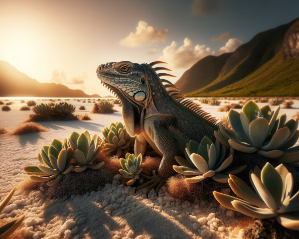 Iguana in Serene Sunset Landscape with Mountains