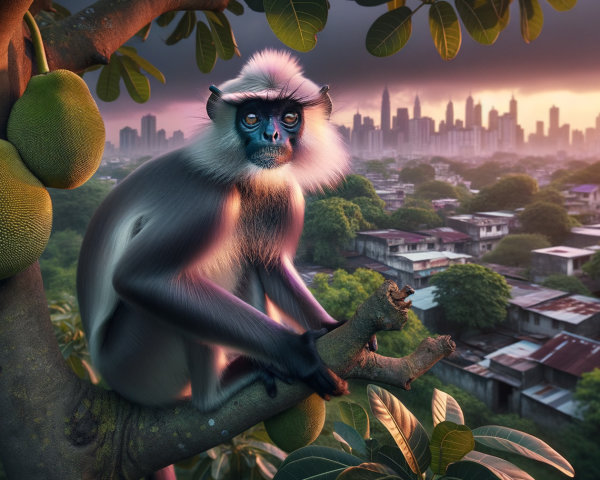Monkey on Branch Overlooking City Skyline at Sunset