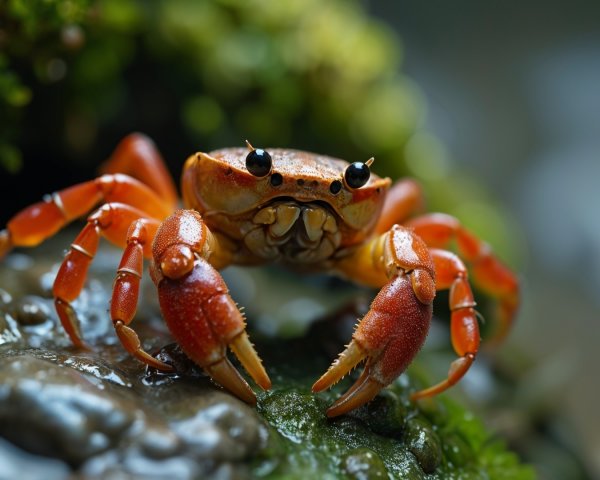 Close-Up of Orange Crab on Rocky Surface with Moss