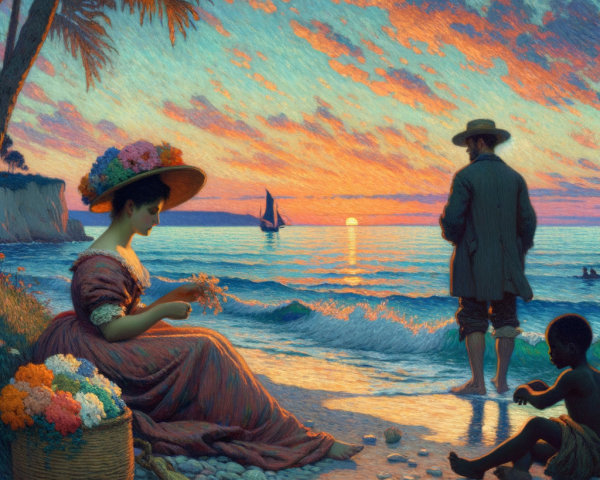 Serene Beach Scene at Sunset with Figures and Waves