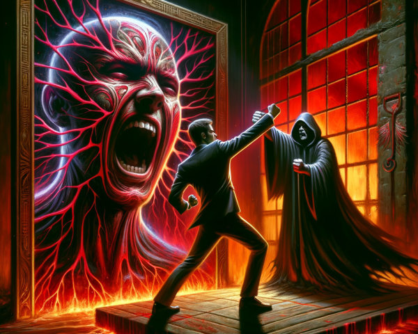 Confrontation Between Suit-Clad Figure and Cloaked Entity