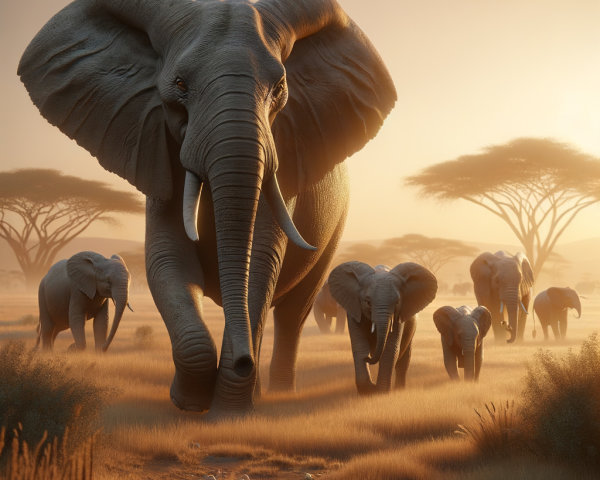 Elephant Herd in Golden Savanna at Dawn